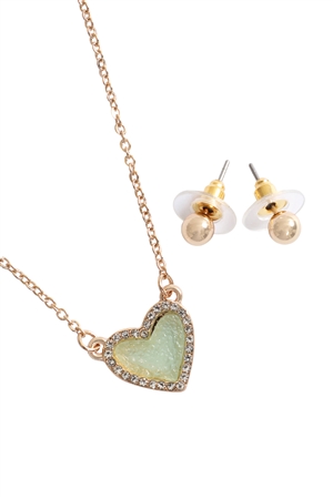 S1-8-3-VNE1209GDMN - VALENTINE HEART DRUZY WITH RHINESTONE PENDANT NECKLACE AND EARRING SET-MINT/1PC