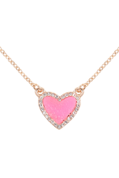 A2-2-2-VNE1209GDPK - VALENTINE HEART DRUZY WITH RHINESTONE PENDANT NECKLACE AND EARRING SET-DUSTY PINK/1PC