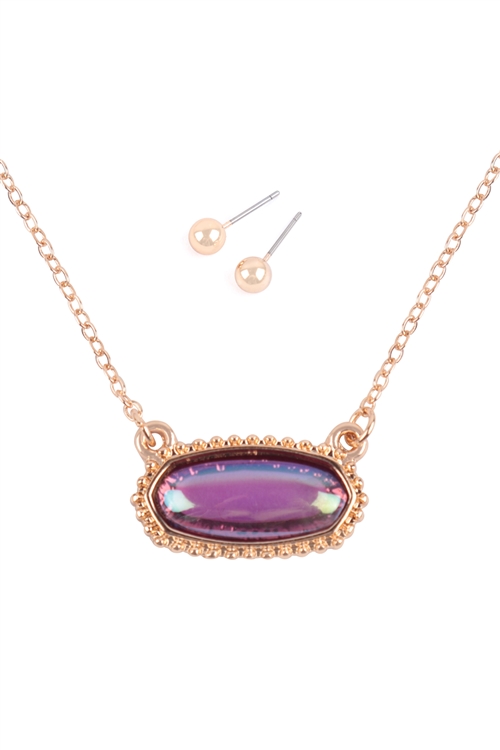 A2-2-3-VNE1214GDAMY - OVAL GLOSSY STONE PENDANT NECKLACE AND EARRING SET-GOLD AMETHYST/6PCS