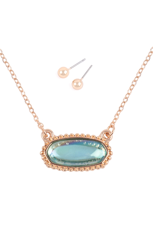 A2-3-3-VNE1214GDAQ - OVAL GLOSSY STONE PENDANT NECKLACE AND EARRING SET-GOLD AQUA/6PCS