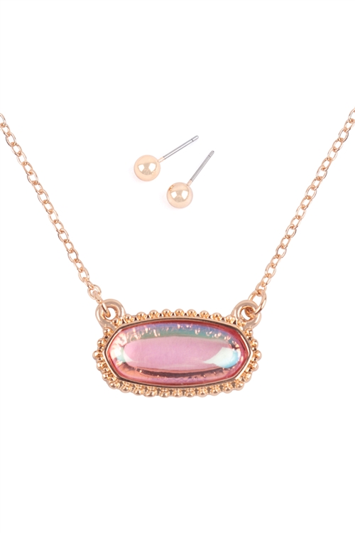 A2-3-3-VNE1214GDLR - OVAL GLOSSY STONE PENDANT NECKLACE AND EARRING SET-GOLD LIGHT ROSE/6PCS