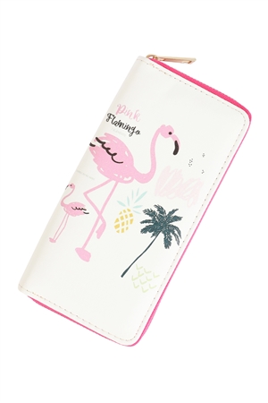 S18-11-1-WA0055-4 - PINK FLAMINGO LEATHER ZIPPER WALLET-WHITE/1PC