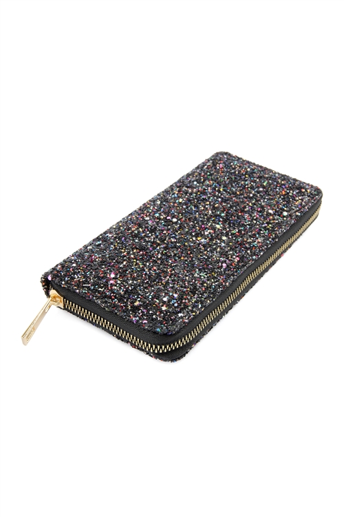 SA4-2-1-WA0087-BLACK- GLITTER PU SINGLE ZIPPER WALLET/6PCS