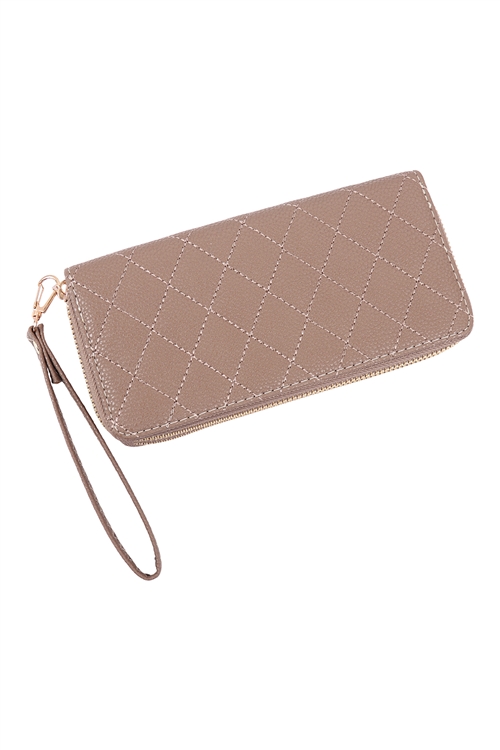 S22-1-3-WB0002DARK-TAUPE - DIAMOND STICH PATTERN DOUBLE ZIPPER WALLET/6PCS