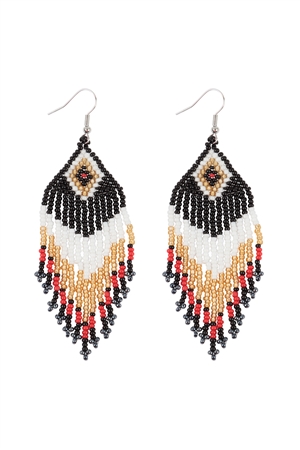 S18-12-3-WCE1021BK - TRIBAL PATTERN SEED BEADS BOHO FISH HOOK EARRINGS-BLACK/6PCS