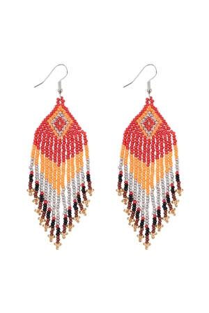 S18-12-3-WCE1021RD - TRIBAL PATTERN SEED BEADS BOHO FISH HOOK EARRINGS-RED/6PCS