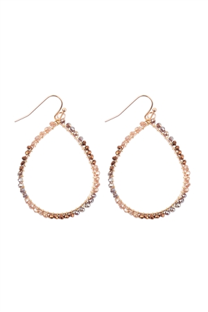 S18-8-2-WCE1040BR -  WIRE TEARDROP GLASS BEADS FISH HOOK EARRINGS-BROWN/6PCS