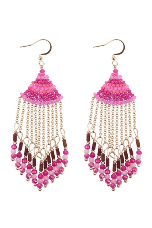 S19-10-2-WCE1044FS - BOHO CHAIN FRINGE DROP HOOK EARRINGS-FUCHSIA/6PCS