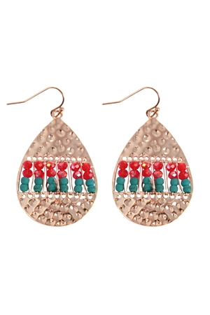 S25-6-5-WCE1065GD - TEXTURED TEARDROP SHAPE BEADED HOOK EARRINGS-GOLD/6PCS