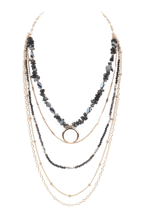 S24-7-2-WCN1061BK - LAYERED CHAIN, NATURAL STONE CHIP MIX BEADS CRESCENT PENDANT NECKLACE-BLACK/6PCS