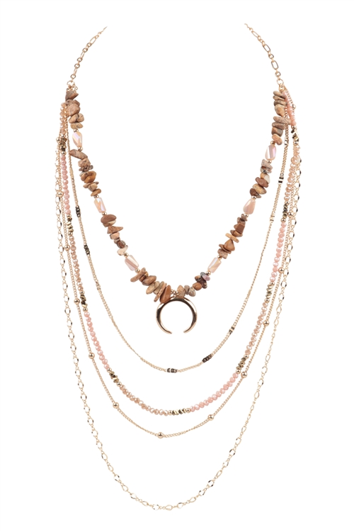 S17-12-2-WCN1061LCT - LAYERED CHAIN, NATURAL STONE CHIP MIX BEADS CRESCENT PENDANT NECKLACE-LIGHT BROWN/6PCS