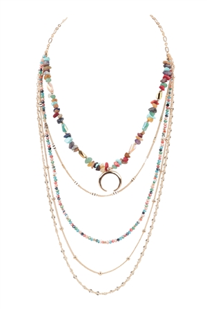 A1-6-4-WCN1061MT - LAYERED CHAIN, NATURAL STONE CHIP MIX BEADS CRESCENT PENDANT NECKLACE-MULTICOLOR/6PCS