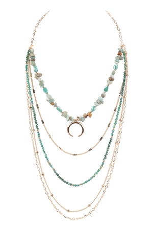 S24-7-2-WCN1061POM - LAYERED CHAIN, NATURAL STONE CHIP MIX BEADS CRESCENT PENDANT NECKLACE-AMAZONITE/6PCS
