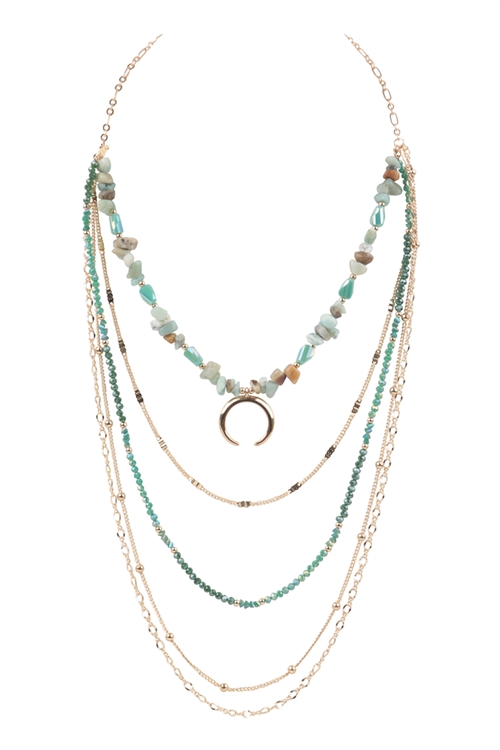 S24-7-2-WCN1061POM - LAYERED CHAIN, NATURAL STONE CHIP MIX BEADS CRESCENT PENDANT NECKLACE-AMAZONITE/6PCS