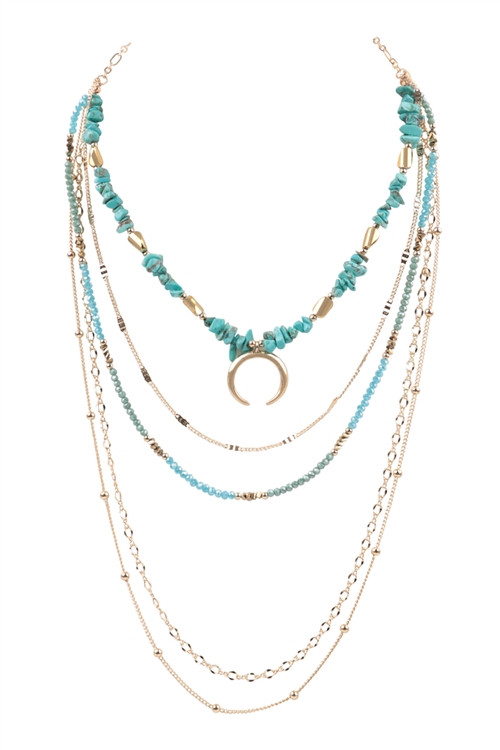 S25-3-1-WCN1061TQ - LAYERED CHAIN, NATURAL STONE CHIP MIX BEADS CRESCENT PENDANT NECKLACE-TURQUOISE/6PCS