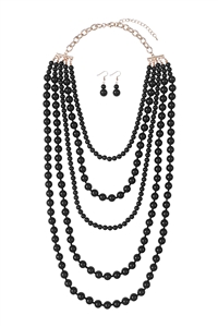 S22-6-1-WCN1076BK - MULTILAYERED BEADS NECKLACE AND EARRINGS SET-BLACK/6PCS