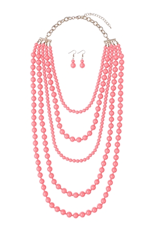 S29-1-1-WCN1076PK - MULTILAYERED BEADS NECKLACE AND EARRINGS SET-PINK/6PCS