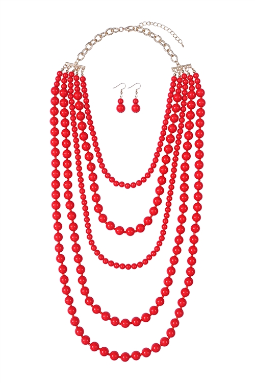 S23-6-1-WCN1076RD - MULTILAYERED BEADS NECKLACE AND EARRINGS SET-RED/6PCS