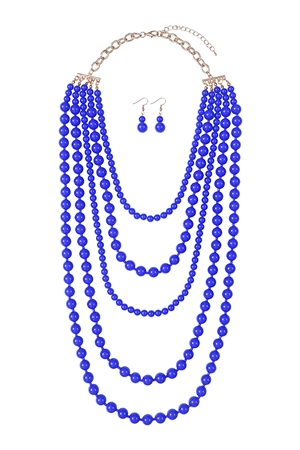 S23-6-1-WCN1076SP - MULTILAYERED BEADS NECKLACE AND EARRINGS SET-SAPPHIRE/6PCS