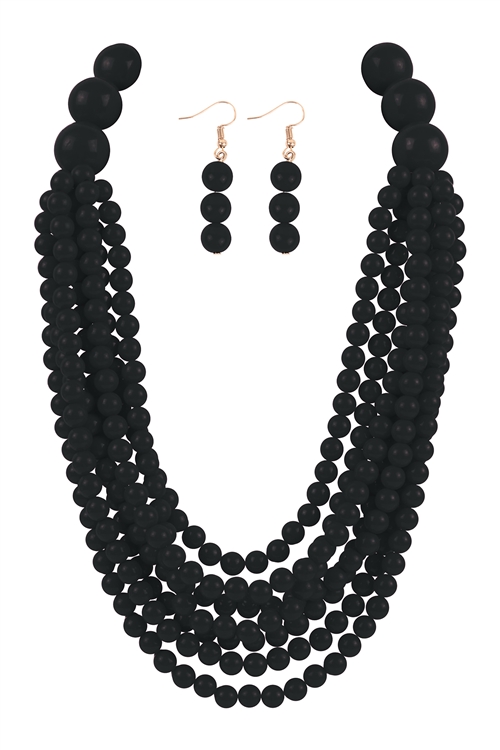 S17-9-1-WCN1077BK - ROUND BEAD LAYERED STATEMENT NECKLACE AND EARRING SET-BLACK/6PCS