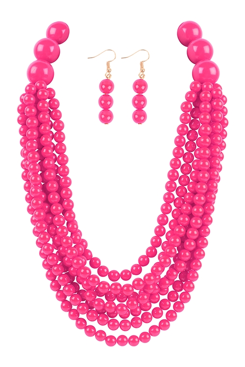 S17-6-1-WCN1077FS - ROUND BEAD LAYERED STATEMENT NECKLACE AND EARRING SET-FUCHSIA/6PCS