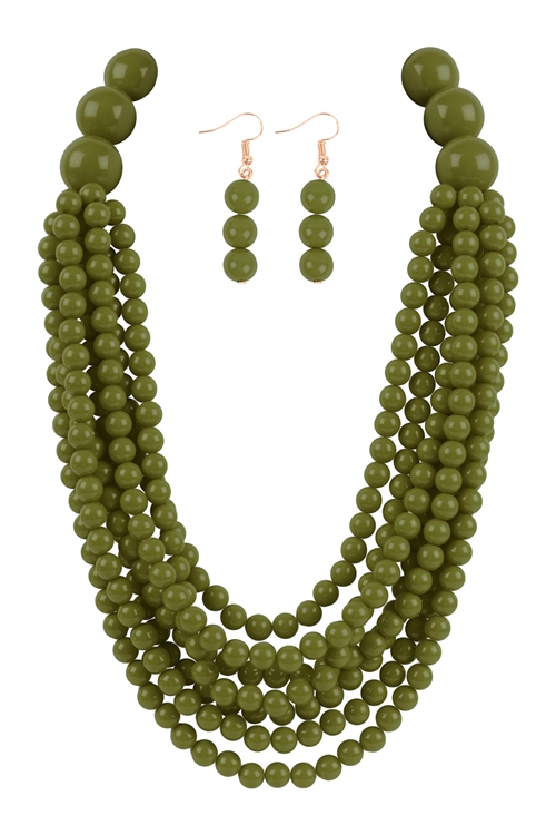 S28-3-1-WCN1077OV - ROUND BEAD LAYERED STATEMENT NECKLACE AND EARRING SET-OLIVE/6PCS