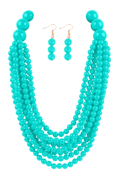 S17-7-1-WCN1077TQ - ROUND BEAD LAYERED STATEMENT NECKLACE AND EARRING SET-TURQUOISE/6PCS