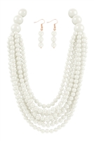 S17-3-1-WCN1077WT - ROUND BEAD LAYERED STATEMENT NECKLACE AND EARRING SET-WHITE/6PCS