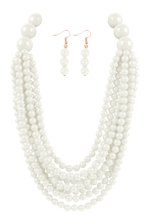 S17-3-1-WCN1077WT - ROUND BEAD LAYERED STATEMENT NECKLACE AND EARRING SET-WHITE/6PCS