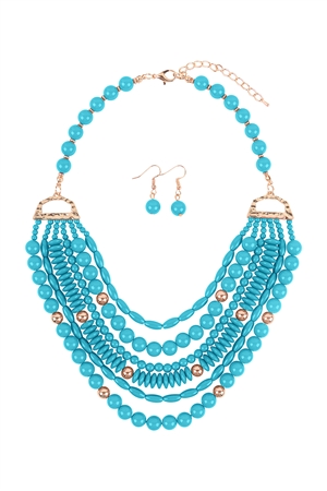 S24-3-2-WCN1078TQ - LAYERED BIB BOHEMIAN STATEMENT NECKLACE AND EARRINGS SET-TURQUOISE/6PCS