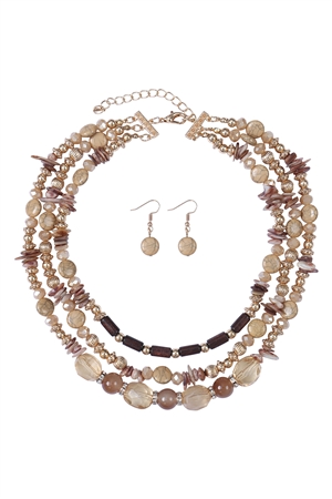 S17-1-1-WCN1079LBR - 3 LINE LAYERED NATURAL STONE, MIX BEADS NECKLACE AND EARRINGS SET-LIGHT BROWN/6PCS