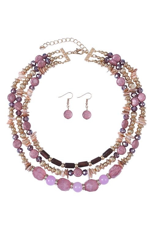 S17-1-1-WCN1079LV - 3 LINE LAYERED NATURAL STONE, MIX BEADS NECKLACE AND EARRINGS SET-LAVENDER/6PCS