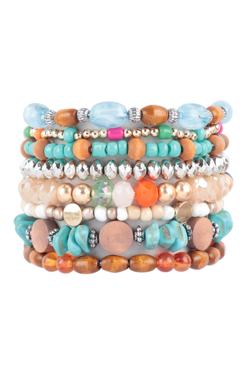 S28-3-2-WFB1004 - MIX BEADS WOOD, STONE, RONDELLE VERSATILE CHARM BRACELET SET-TURQUOISE/6PCS