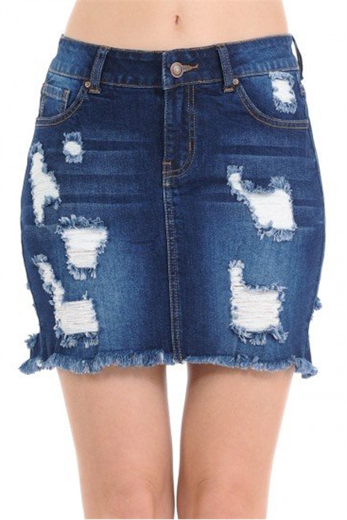 S33-1-1-WJ-90114-DK - DENIM SKIRT W/ DESTRUCTION AND FRAYED HEM- DARK 2-2-2