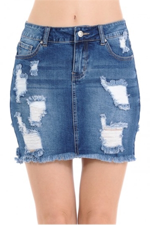 S33-1-1-WJ-90114-MD - DENIM SKIRT W/ DESTRUCTION AND FRAYED HEM- MEDIUM 2-2-2