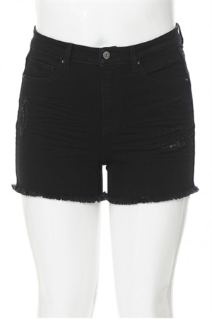 S33-1-1-WJ-90144XL-BK - PLUS SIZE HIGH WAIST DESTRUCTED SHORTS WITH FRAYED HEM- BLACK 2-2-2