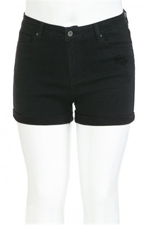 S33-1-1-WJ-90207XL-BK - PLUS SIZE HIGH WAIST ROLLED CUFF SHORTS- BLACK 2-2-2