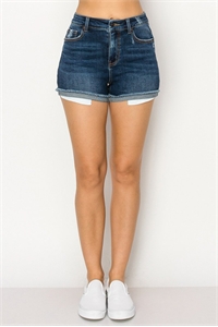 S33-1-1-WJ-90308-DK - HIGH RISE DENIM SHORTS WITH FRAYED HEM CUFF AND EXPOSED POCKET BAG- DARK 2-2-2