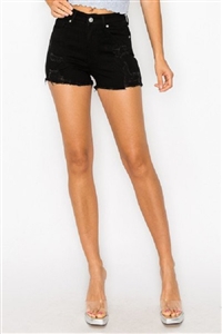 S33-1-1-WJ-90309-BK - MID RISE DESTRUCTED DENIM SHORTS WITH FRAYED HEM- BLACK-2-2-2