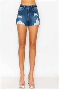 S33-1-1-WJ-90309-DK - MID RISE DESTRUCTED DENIM SHORTS WITH FRAYED HEM- DARK-2-2-2