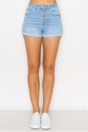 S33-1-1-WJ-90312-LT - FIVE POCKET BASIC CLEAN DENIM SHORTS WITH EXPOSED BUTTON AND CUFFED- LIGHT 2-2-2