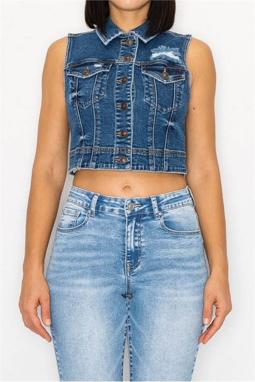 S33-1-1-WJ-90314-DK - SLIGHTLY DESTROYED CROPPED BOXY DENIM VEST- DARK 2-2-2