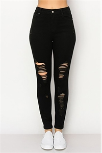 S33-1-1-WJ-90315-BK - COMBINED SIZE BASIC HIGH RISE SKINNY DENIM PANTS WITH DESTRUCTED STRETCH- BLACK 4-4-4