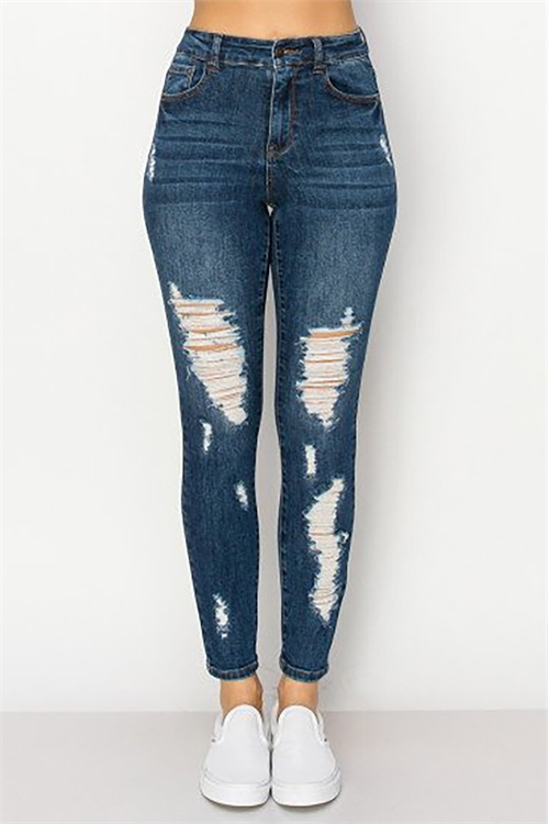 S33-1-1-WJ-90315-DK - COMBINED SIZE BASIC HIGH RISE SKINNY DENIM PANTS WITH DESTRUCTED STRETCH- DARK 4-4-4