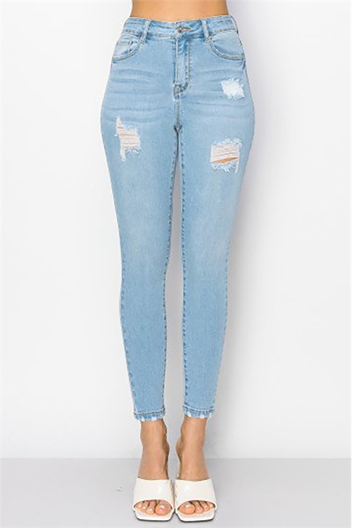 S33-1-1-WJ-90316-LT - BASIC HIGH RISE SKINNY COMBINED SIZE DENIM PANTS WITH DISTRESSED- LIGHT 4-4-4