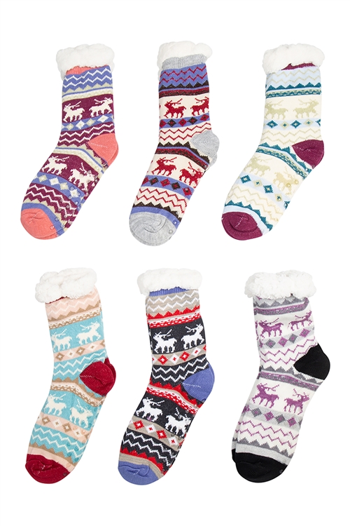 S20-9-3-WS101 - COZY DUO CREW THERMAL NON SKID CHRISTMAS MOOSE ASSORTED SOCKS SET/12PCS