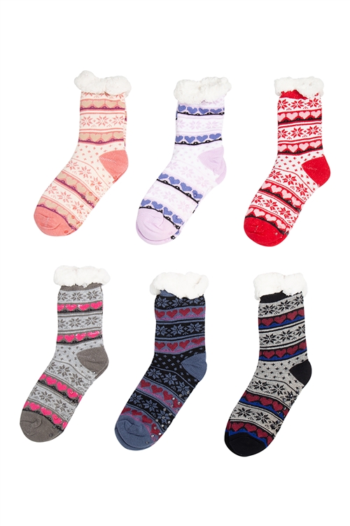 S20-9-3-WS102 - COZY DUO CREW THERMAL NON SKID CHRISTMAS HEART ASSORTED SOCKS SET/12PCS