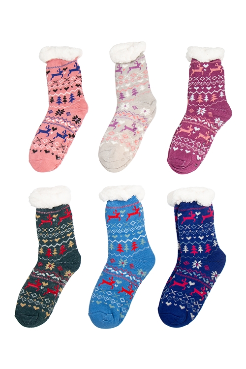 S20-8-3-WS105 - COZY DUO CREW THERMAL NON SKID CHRISTMAS WINTER ASSORTED SOCKS SET/12PCS