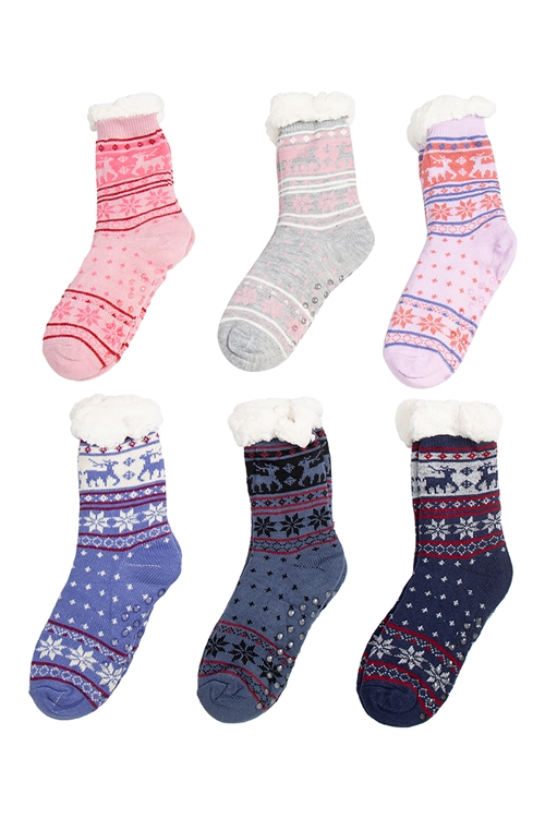 S20-8-3-WS106 - COZY DUO CREW THERMAL NON SKID CHRISTMAS WINTER ASSORTED SOCKS SET/12PCS