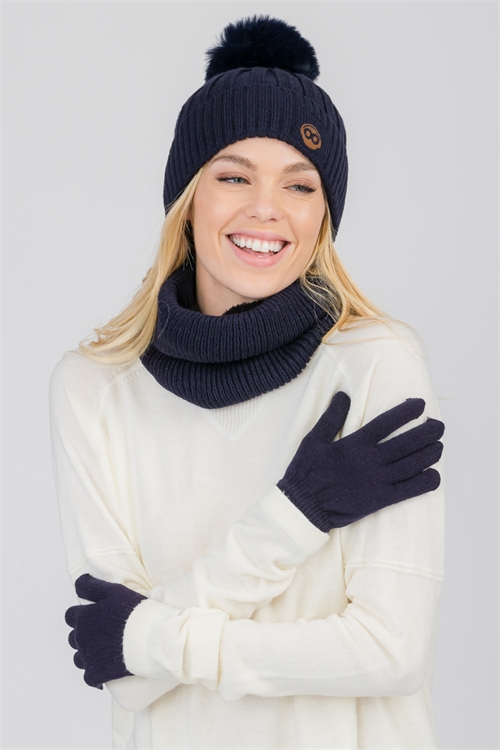 S29-1-2-WSHT-412-EASY DETACHABLE POMPOM BEANIE  WITH INFINITY SCARF AND GLOVES 5 ASSORTED COLORS/12PCS